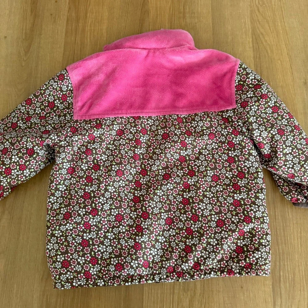 Carters Toddler Girls 3T Reversible Jacket Pink Fleece Floral Brown Full Zip‎